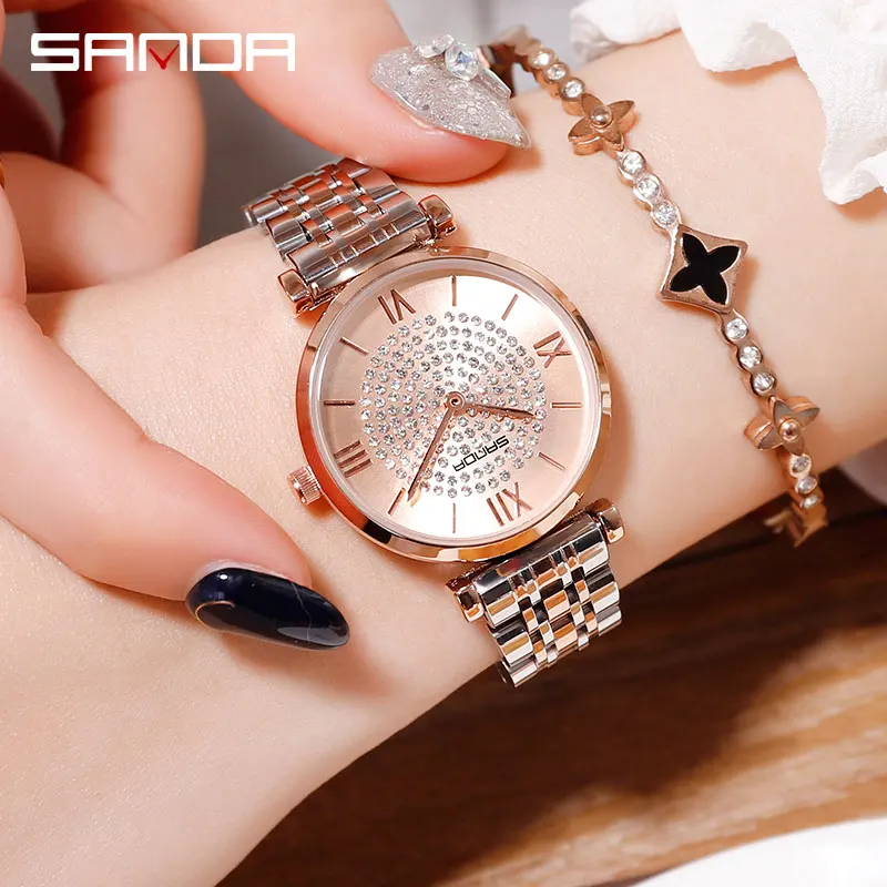 

2021 Fashion Sanda Brand Elegant Stainless Steel Women Watch Bracelets Casual Simple Quartz Gypsophila Luxury Ladies Wristwatch