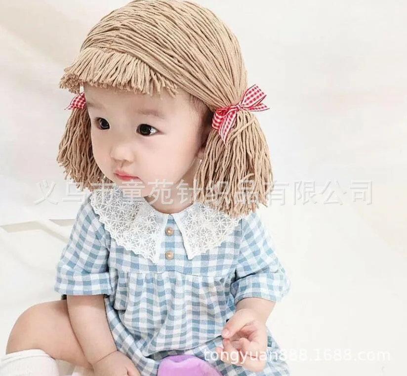 Cute Cosplay Kids Girl Hat Beanie Hair Pigtail Wig Cap Handmade Woolen Yarn Children Baby Hats and Caps Photography Props