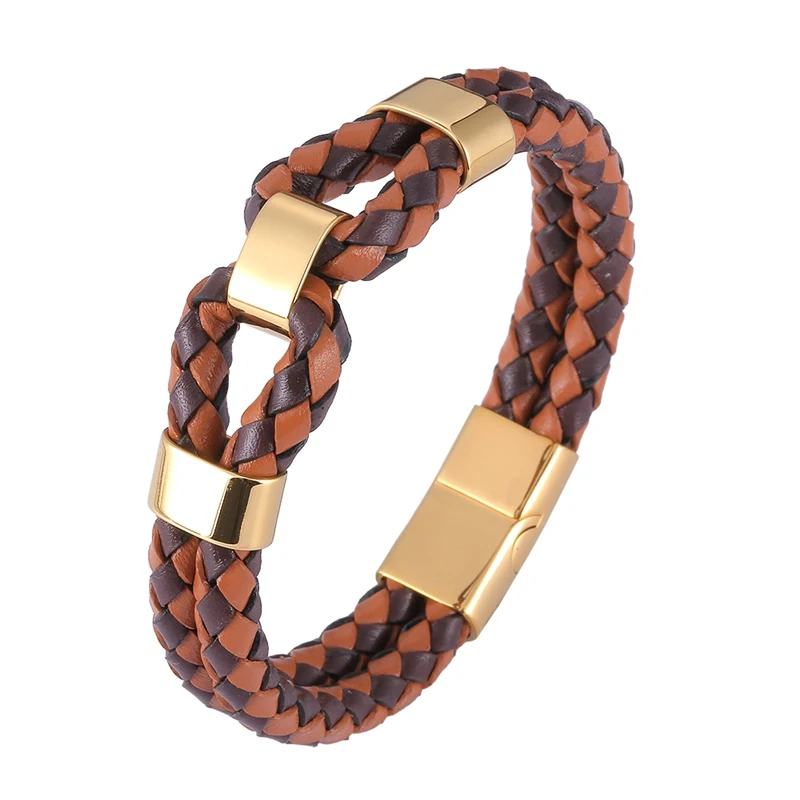 

Fashion Stainless Steel Men's Leather Bracelet Double-layer Design Multi-Color Combination Woven Leather Rope Jewelry BB1187