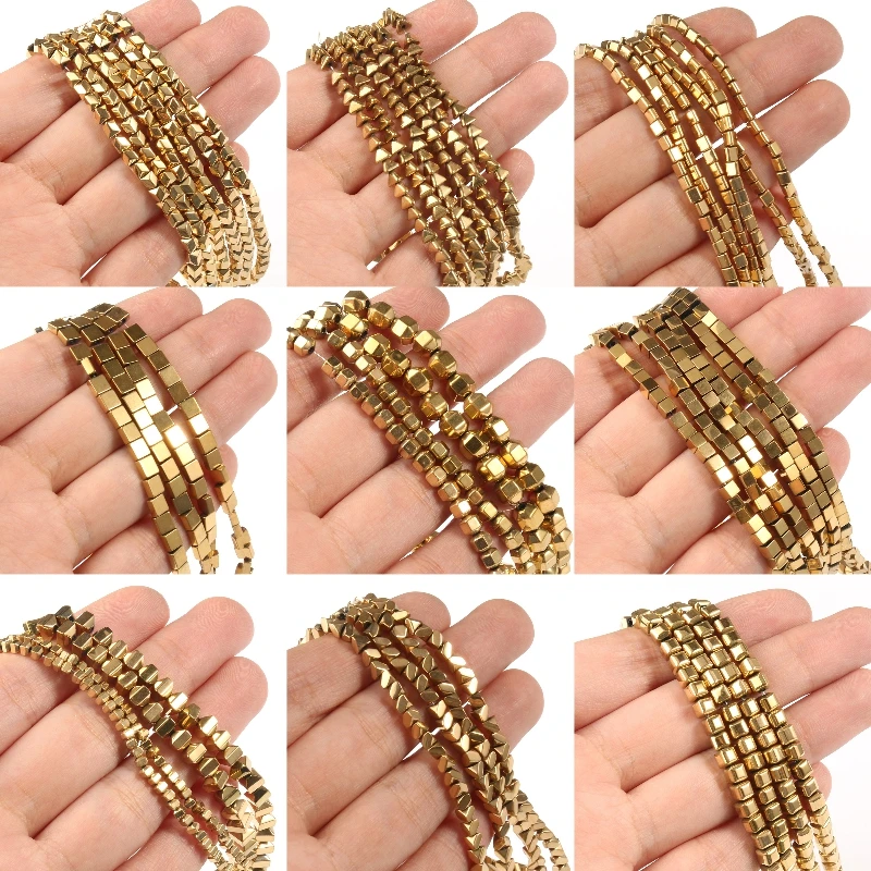 AAA+ Color Retention Gold-Plated Hematite Beads Natural Stone Round Cube Spacer Loose Beads for jewelry Making DIY Bracelet 15\'\'