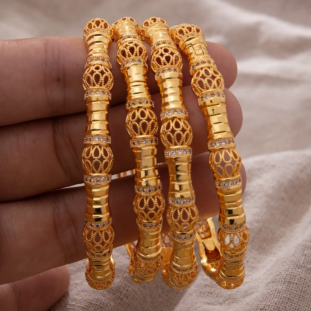 4Pcs/set  Dubai Arab Africa Gold Color Bangles For Women Girl With Rhinestone Jewelries Papua Guinea Bracelets Wedding Jewelry