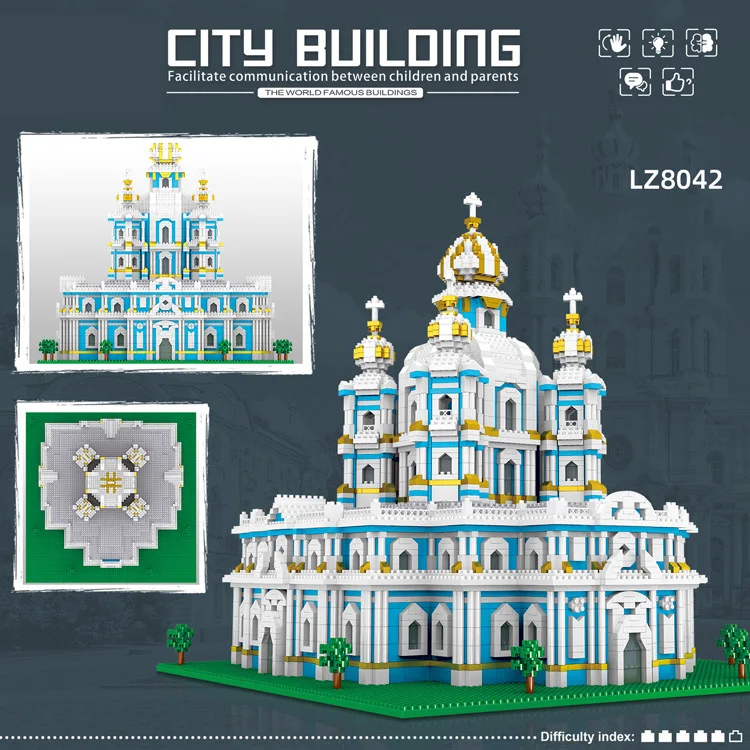 World Famous History Architecure Micro Diamond Block Smolny Cathedral Nanobricks Toy Russia Saint Petersburg Building Bricks