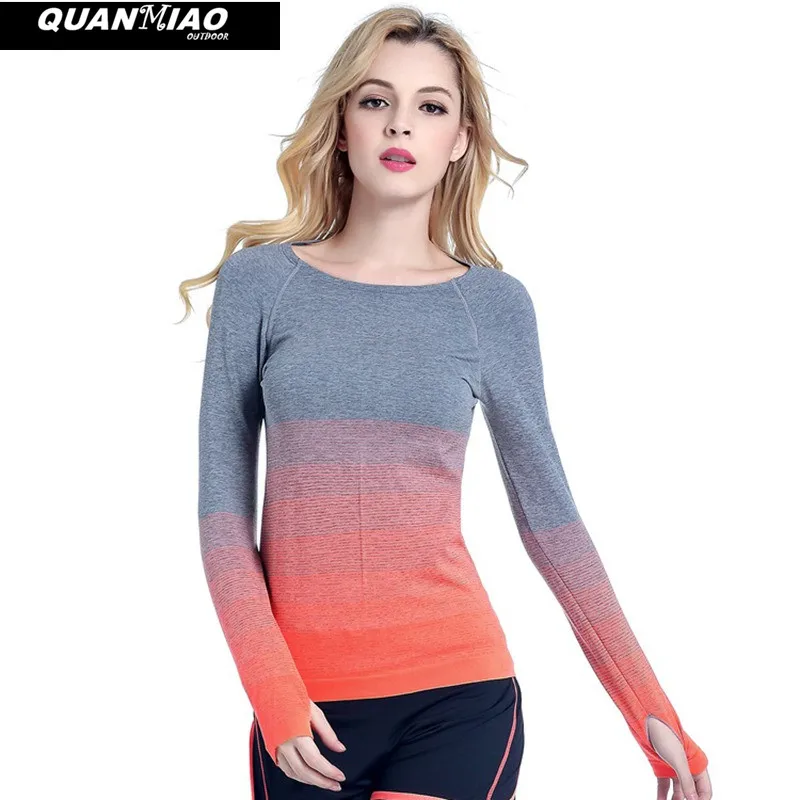 

Women Professional Yoga Sport Gradient Color T Shirt Long Sleeves Hygroscopic QuickDry Fitness Elastic T-shirt Women Top Shirts