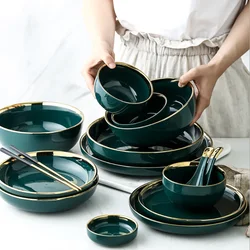 Dark Green Set of Dishes Gold Inlay Ceramic Steak Food Dishes Dinner Plates Bowl Household Tableware vajilla completa de platos