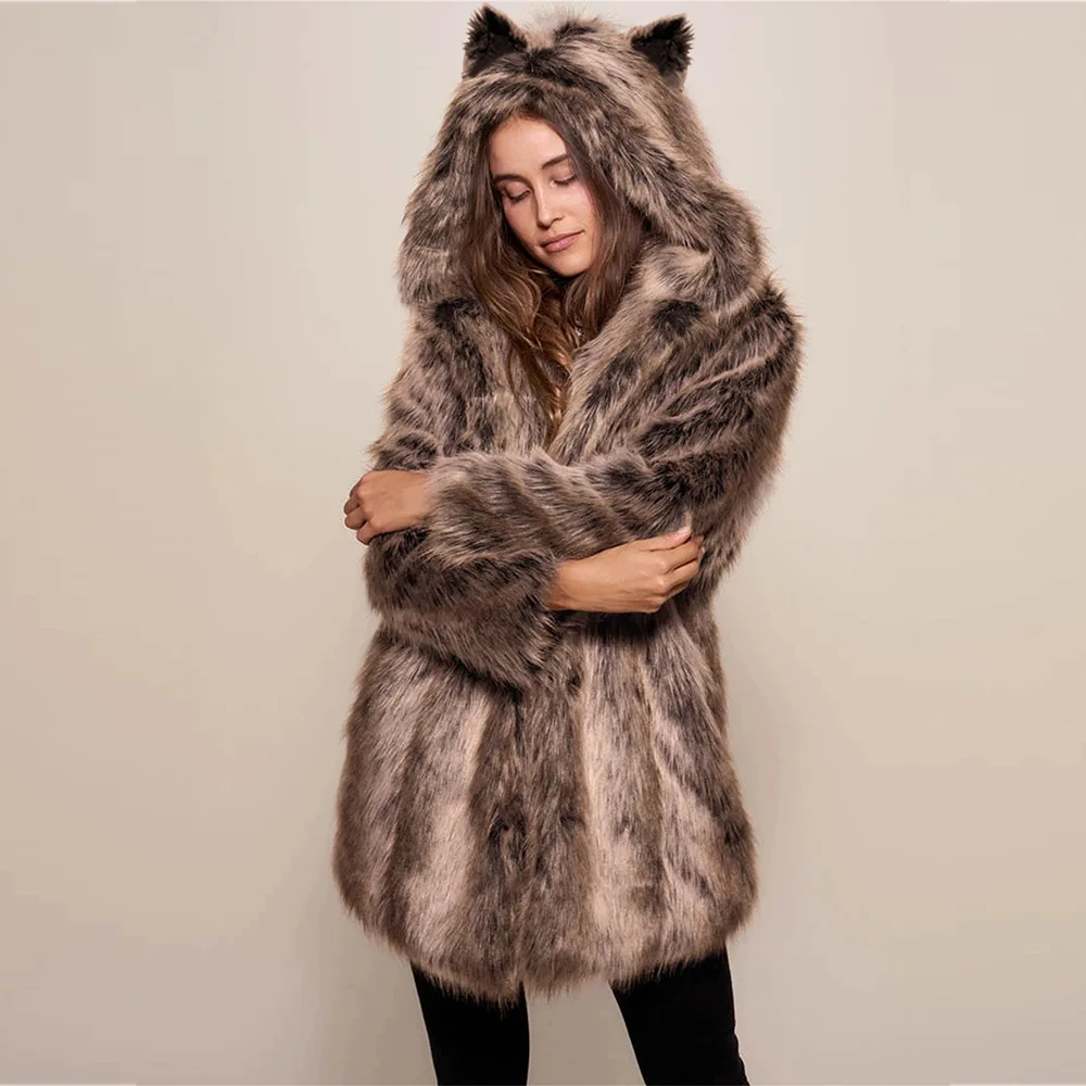 

Women's Woolen Coat Cute Hat Leopard Fur Woollen Overcoat Women's Fur Collar Warm Thickened Cashmere Inner Coat Jacket