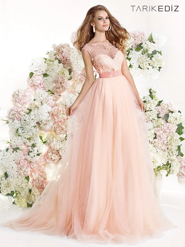 2019 Tarik Ediz Rosa Azul Feitos Halus Ver Atravs Vestidos De Baile-Linha Chiffon Flores Artesanais Prom gaun