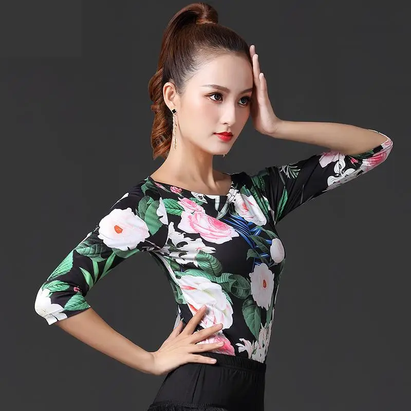 Autumn Latin Dance Performance Shirt New Female Adult Print Tops National Standard Ballroom Dancing Practice Clothing Round Neck