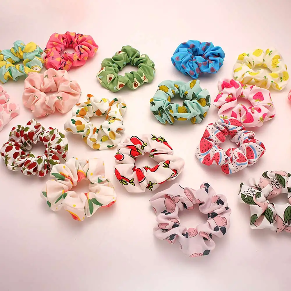 Small Fresh Fruit Print Scrunchies Hair Accessories Lemon Fruit Cherry Hair Ring Tie Elastic Hair Rubber Bands Ponytail Headwear