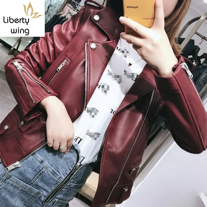 Fashion Women Wine Red Sheepskin Genuine Motorcycle Female Short Coat Windproof Autumn Casual Real Leather Jacket