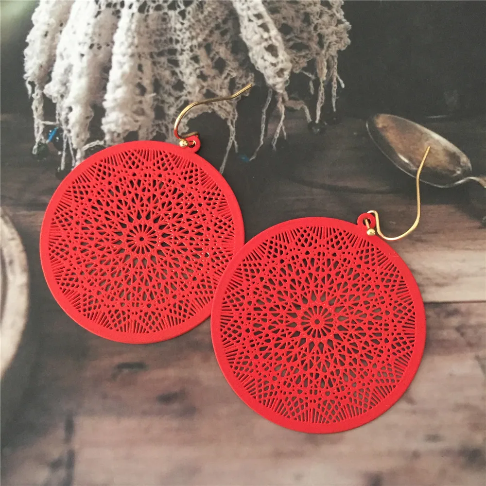 New Vintage Earrings Geometric Earrings For Women Girl Boho Complex Pattern Hollow Carving Round Drop Earrings