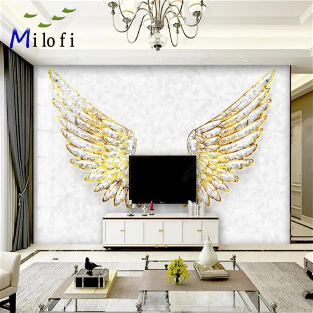 

Milofi customized 3D photo printing luxury atmosphere golden wings boutique abstract art painting background wall paper mural