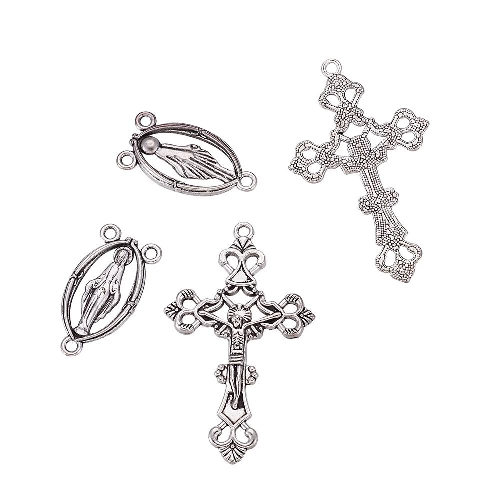 10Sets Alloy Crucifix Cross Pendants Virgin Links Rosary Cross and Center Sets For Rosary Bead Necklace Bracelet Jewelry Making