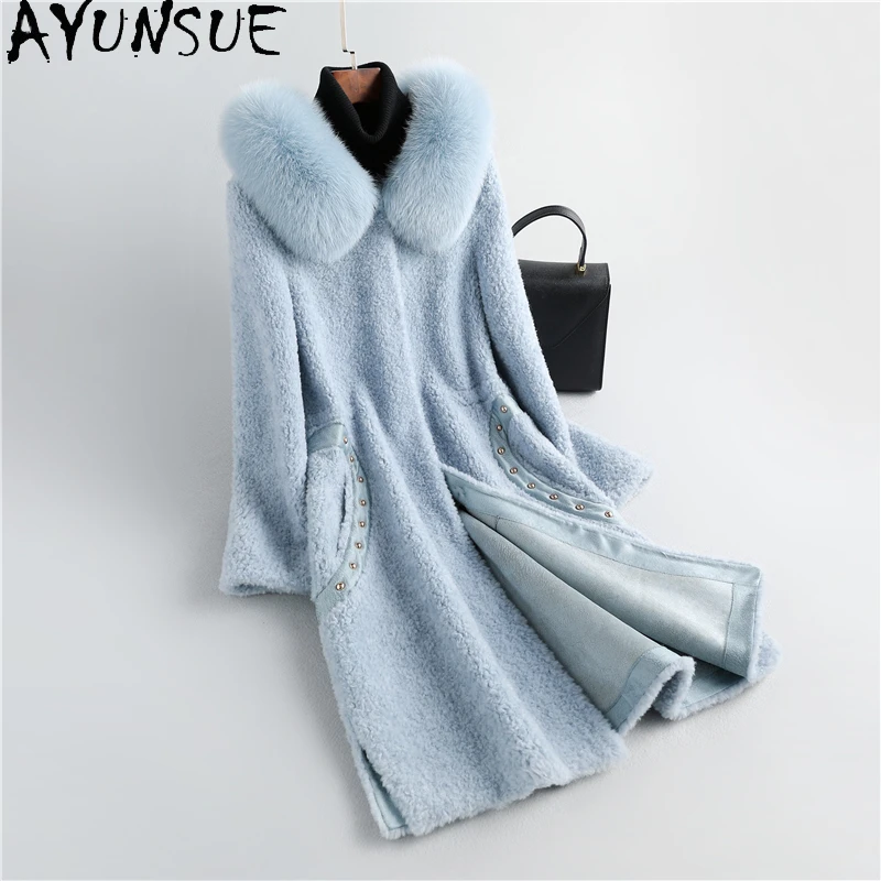 

AYUNSUE Autumn Real Fox Fur Collar Coat Female Winter 2021 Elegant Sheep Shearling Jackets Women's Fur Coat Manteau Femme Gxy352