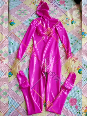 WOMEN PINK LATEX CATSUIT WITH TRANSPARENT GLOVES FULL COVER 3D BREAST BACK ZIP CUSTOMIZED