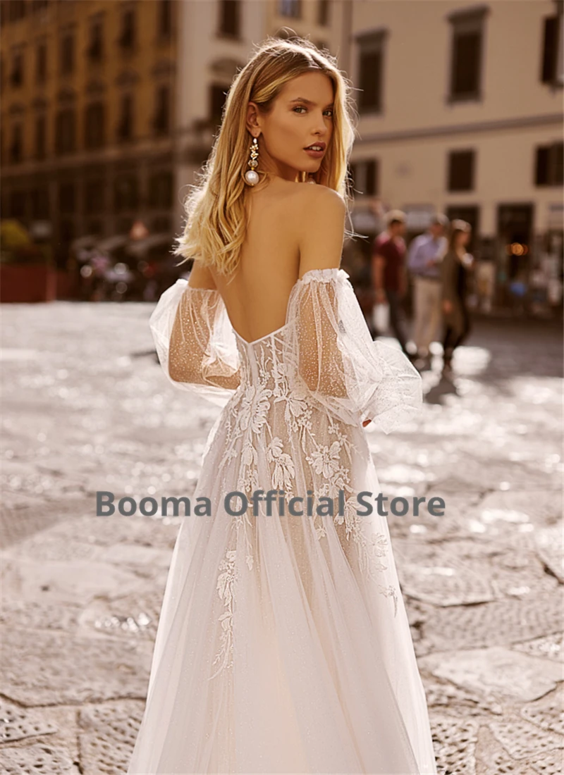 Booma-vestidos de novia bohemios con hombros descubiertos, manga larga hinchada, encaje con apliques, vestido de fiesta de tul de lunares suaves, 2020