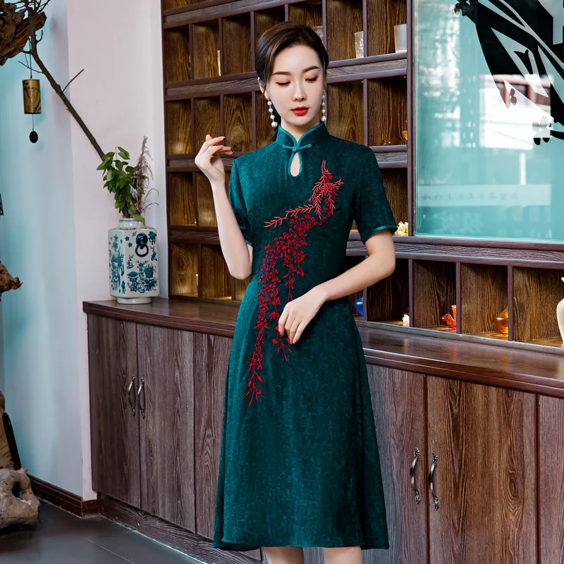 Cheongsam 2020 New Spring Dress Imitation Of Gambiered Canton Gauze Mid-Long Embroidery Collar Mother Clothing Qipao Платье