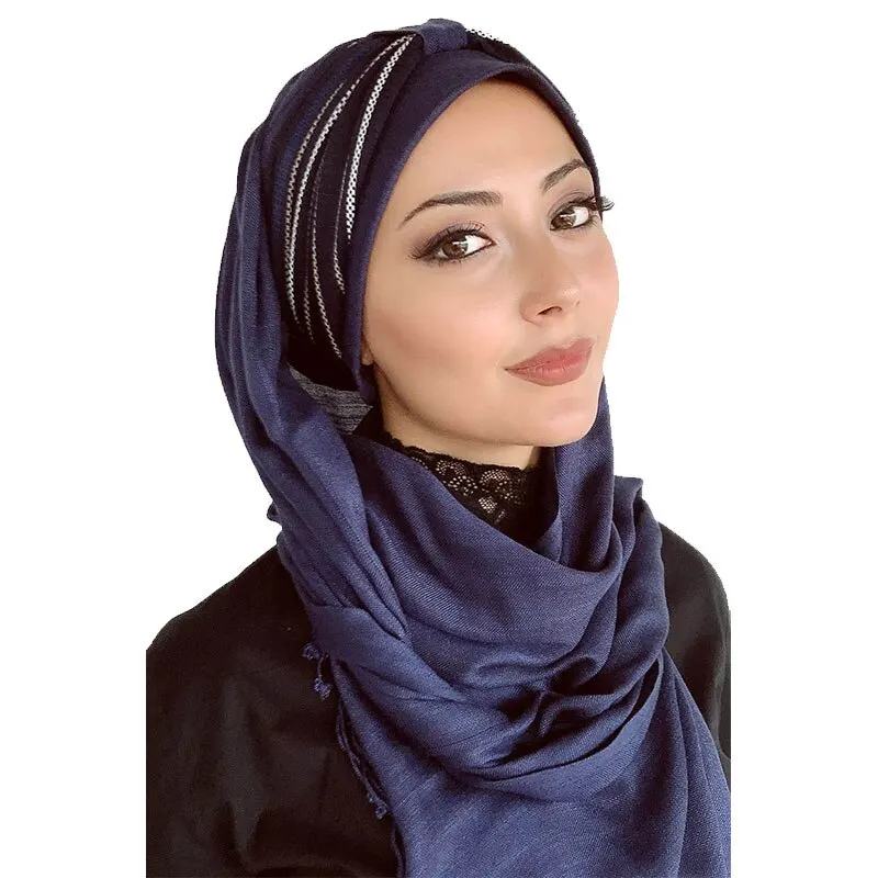 2021 New Fashion Hijab Muslim Hijab Islamic Autumn Winter Hat Foulard Turban Navy Blue Color White Striped Shirred Ready Shawl