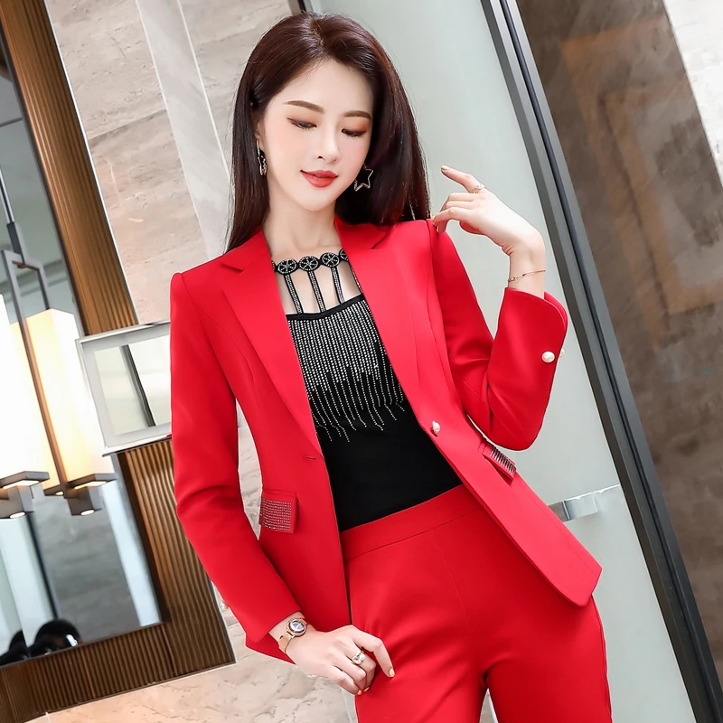 Novelty Red Professional Formal Women Business Suits Long Sleeve Autumn Winter Uniform Designs Pantsuits Female Blazers Set