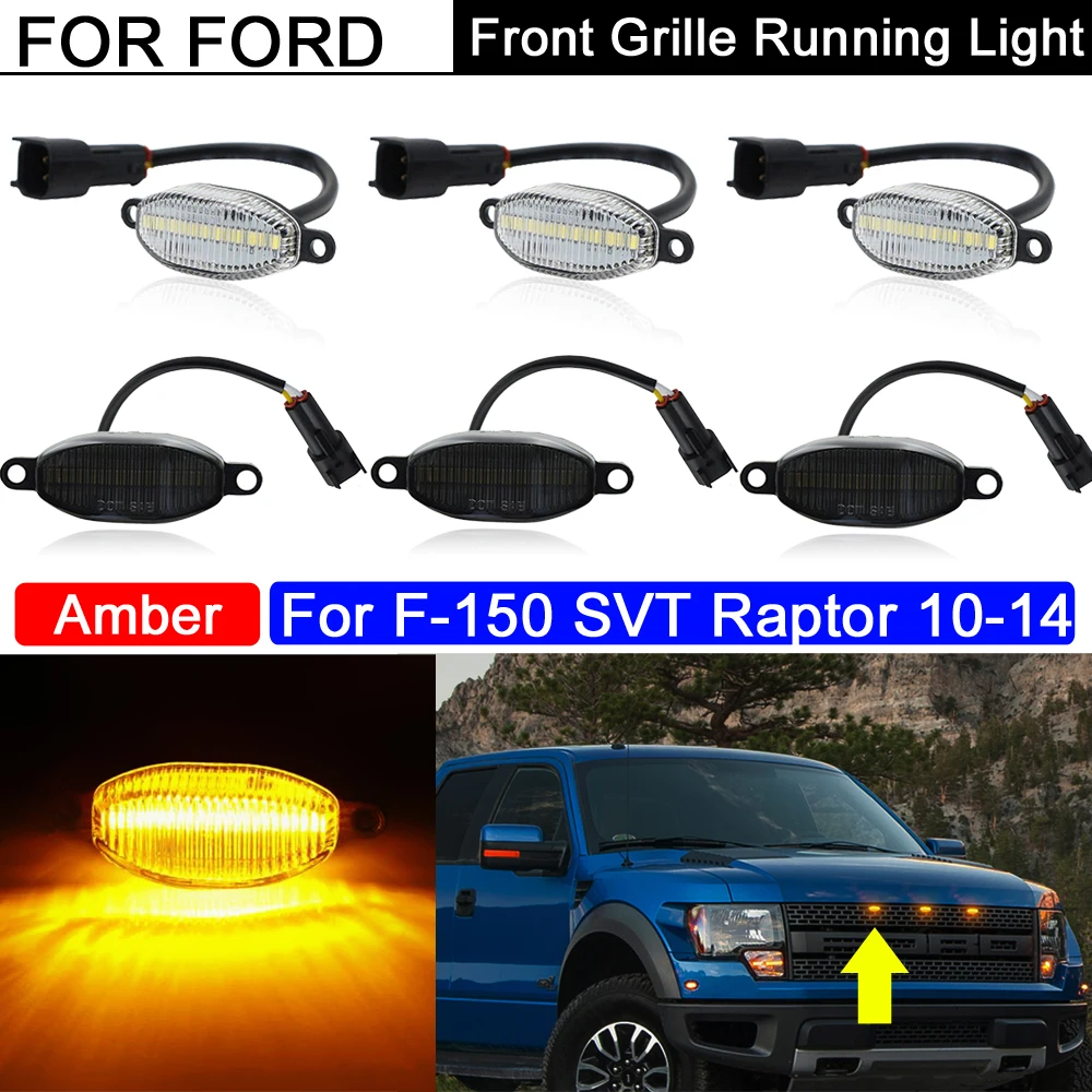 3Pcs Error Free Clear/Smoked Lens Amber LED Front Grille Running Light Marker DRL Lights For Ford F150 SVT Raptor 2010-2014