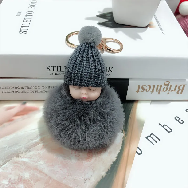 New Pompom sleeping baby keychain cute fluffy Plush doll Keychains Women Girl Bag keyrings Cars Key ring Jewelry Gift porte cl