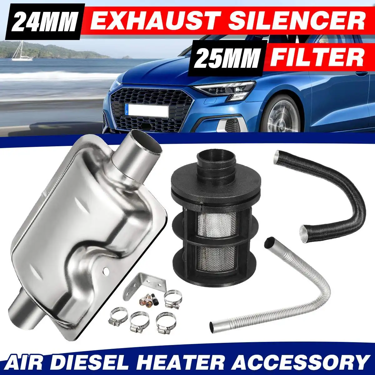 Car Heater Ducting 24mm Exhaust Pipe Silencer Muffler + 25mm Air Intake Pipe Filter For Webasto Eberspache Air Diesel Parking