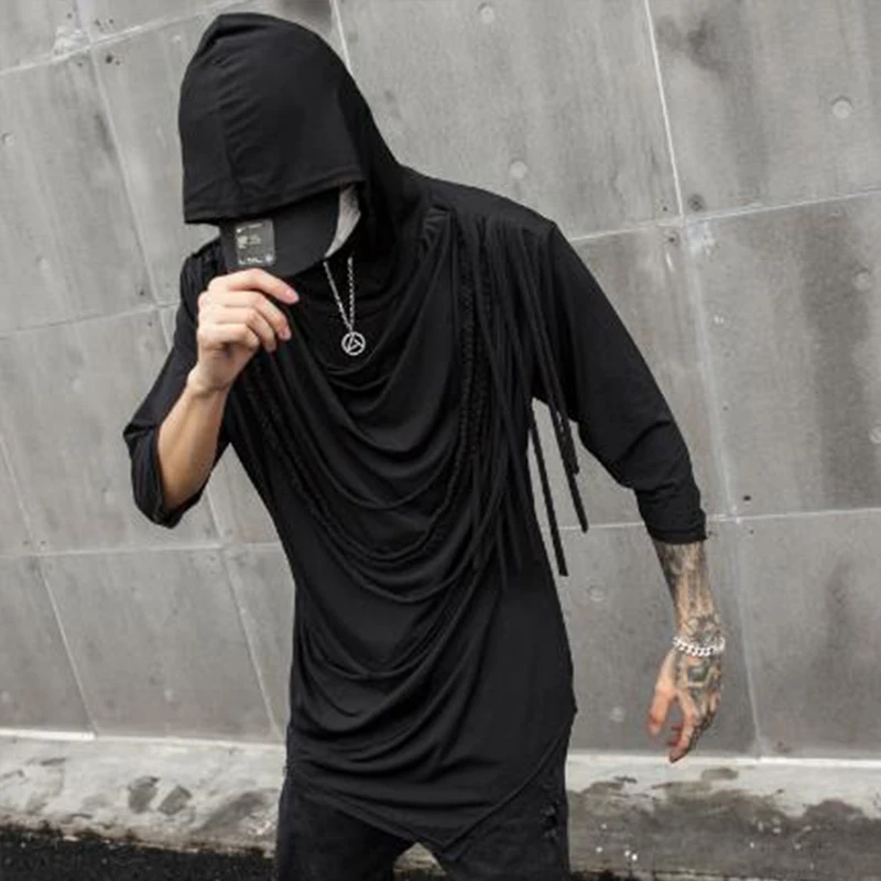 Nightclub DJ singer punk rock half sleeve t shirt tassel cloak men irregular design gothic vintage hip hop tee shirts streetwear