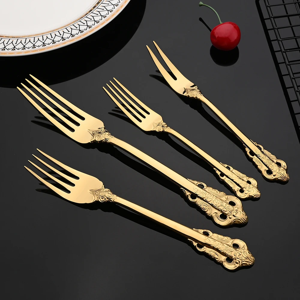 Vintage Western Gold Plated Cutlery Dining Knife Fruit Fork Teaspoon Butter Knife Set Luxury Dinnerware Engraving Tableware Set