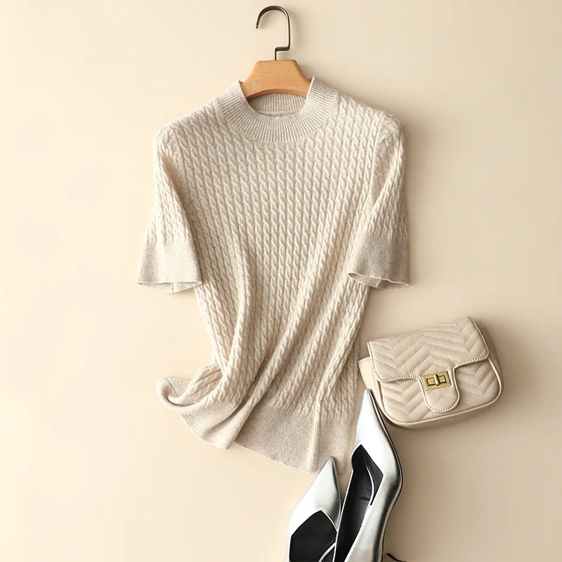

spring autumn style high quality 100% cashmere cable knitted sweaters short sleeve crew neck women's classical knitwear top
