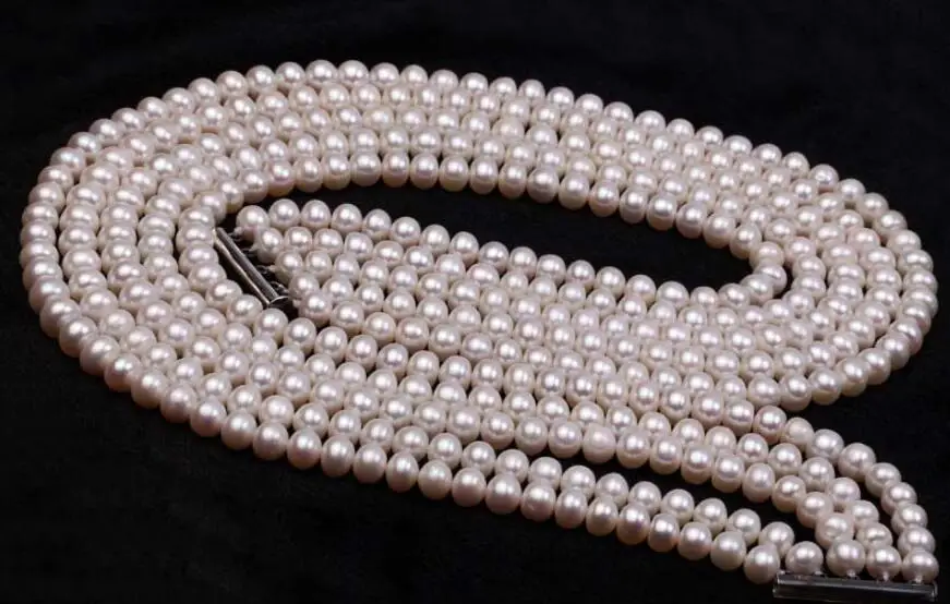 5 Layers 7x8mm bright white pearl necklace natural freshwater pearl Jewelry 35cm 14inch 43cm 17inch