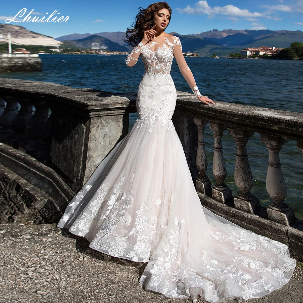 

Lhuilier Customized Illusion Mermaid Lace Wedding Dresses Scoop Neck Floor Length Bridal Gowns with Full Sleeves