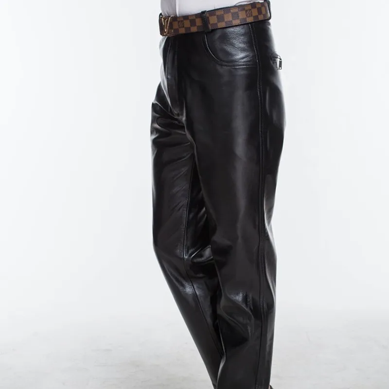 Men's Genuine Leather Straight Pants Zipper, Mid-Rise, Warm, Casual, Full Length, Autumn, Winter