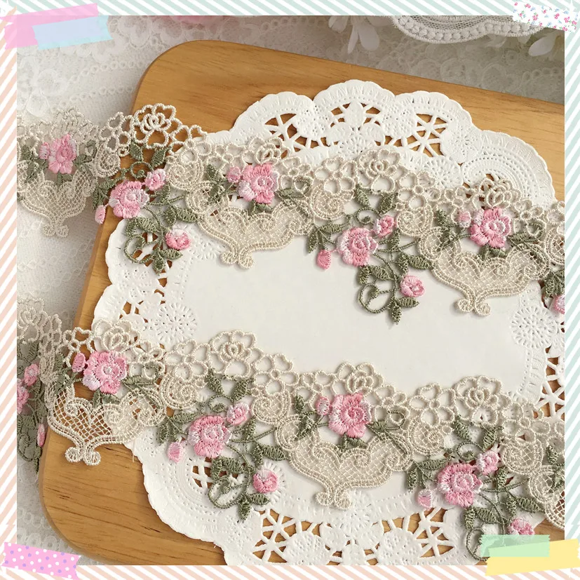 1yard 6cm wide Pink Green Lace Trim Craft Flower Polyester Lace Fabric Venise Floral Embroidered Applique Decorated Lace Ribbon