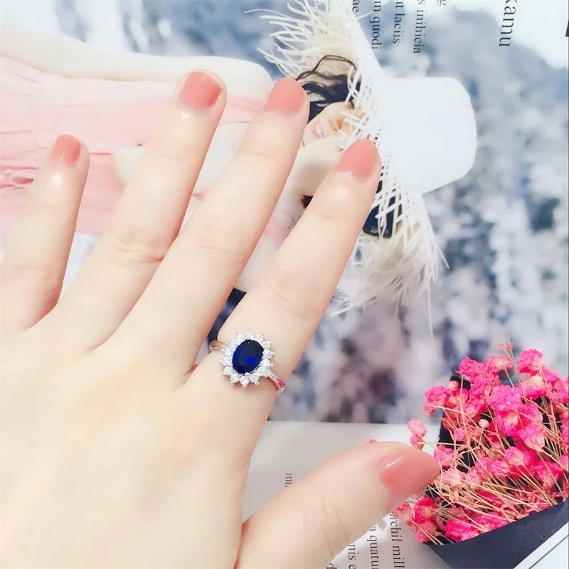 Anillo de princesa de corte 3.2ct con zafiro azul, joyería de compromiso con dijes de plata 925 originales para mujer