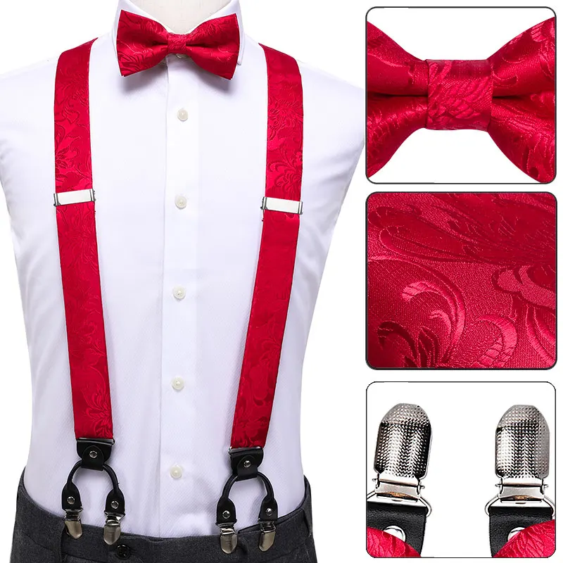 Hi-Tie 100% ผ้าไหมผู้ใหญ่สีแดงดอกไม้งานแต่งงานSuspender Bow Tieชุดวินเทจแฟชั่นผู้ชายหนังโลหะ 6 คลิปSuspenderวงเล็บ