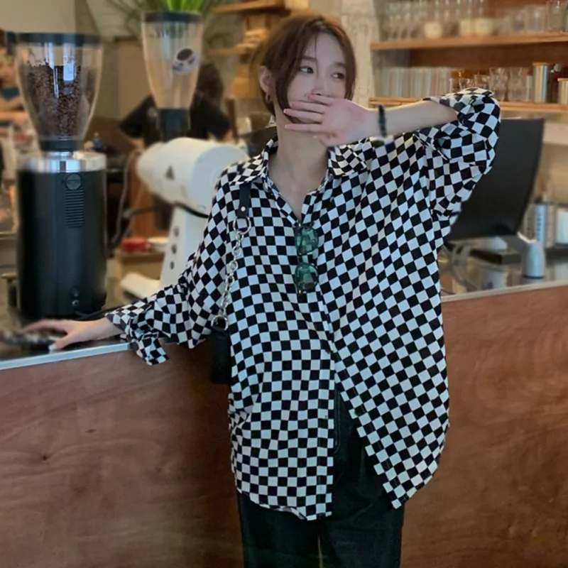 Autumn Women Black And White Plaid Blouse Retro Loose Lapel Long Sleeve Shirt Sexy  Casual Streetwear Woman Blouses