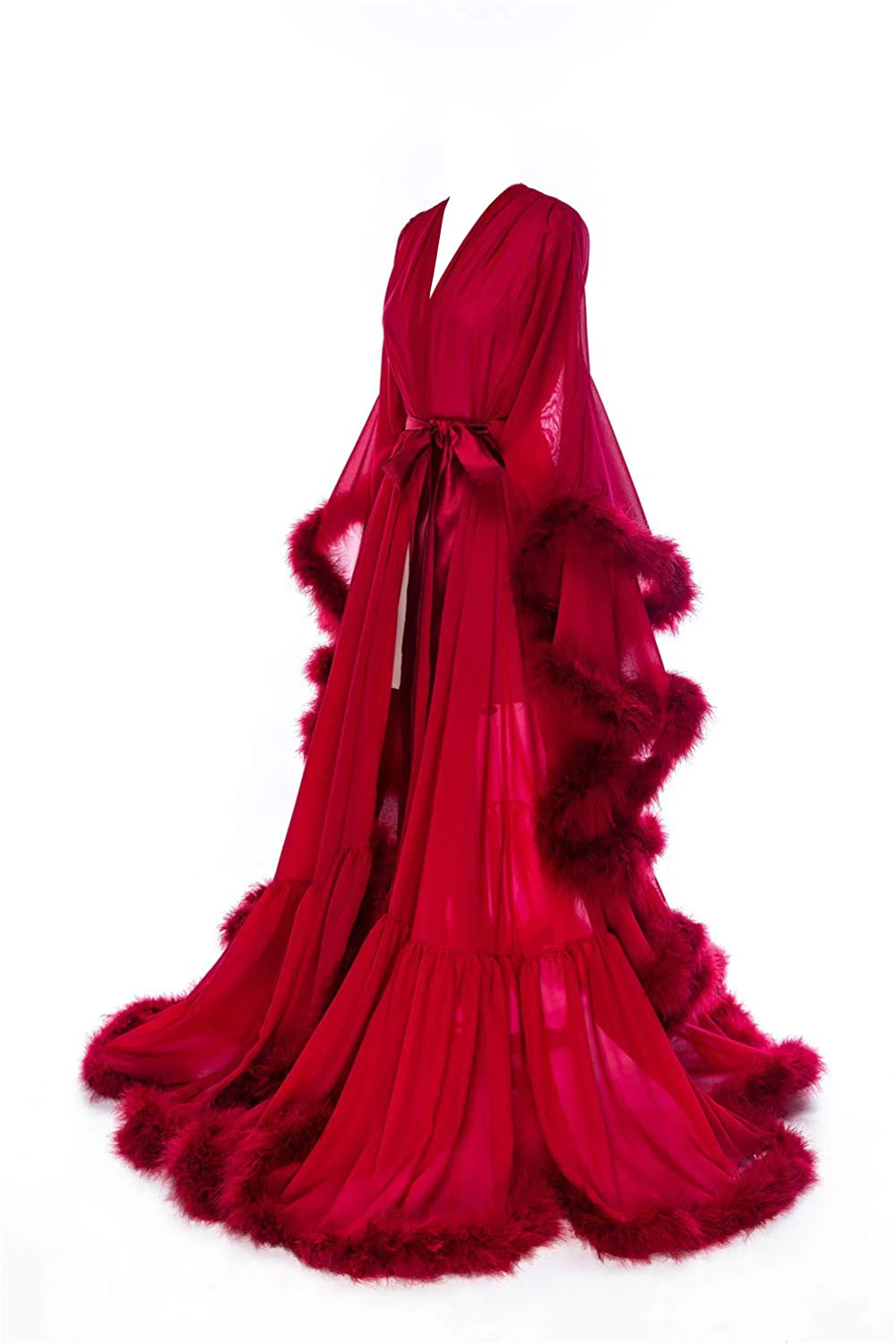 Red 2020 Feather Chiffon Evening Robe V Neck Bridal Robe Wedding Scarf Long Lingerie Robe Nightgown Bathrobe Sleepwear with Bel