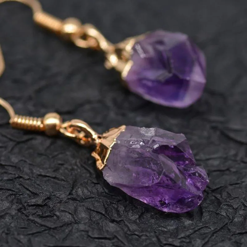 Natural Raw Brazil Amethyst Dangling Earrings, Gold Dipped Amethyst Drop Earrings with Matching Pendant