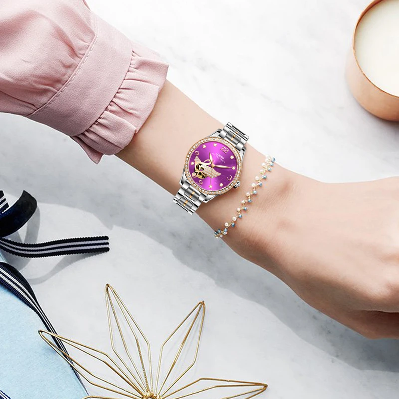 LOBINNI MIYOTA Movimento Orologi meccanici automatici Diamanti-Impostazione Ali Musica Scheletro Orologi da donna in acciaio inossidabile