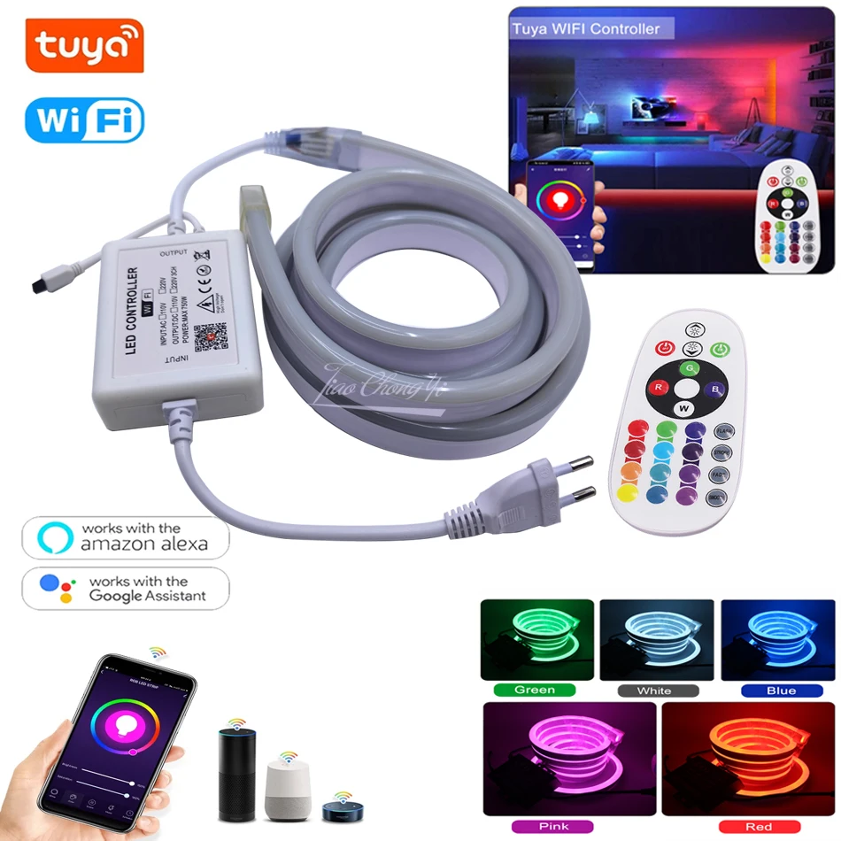 Smart Tuya WiFi Control RGB Neon Strip Light Lamp 5050 80LED/m RGB Flexible LED Neon Rope Light EU 220V US 110V Plug