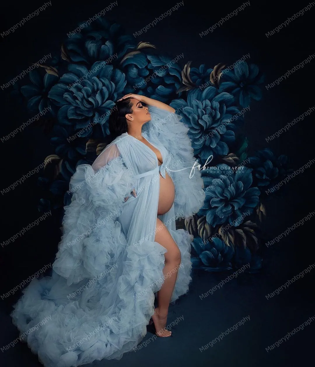 Imagem -03 - Roupão de Tule Longo Luxuoso Azul-celeste Vestidos de Maternidade para Sessão de Fotos com Babados Verdes para Mulheres Grávidas