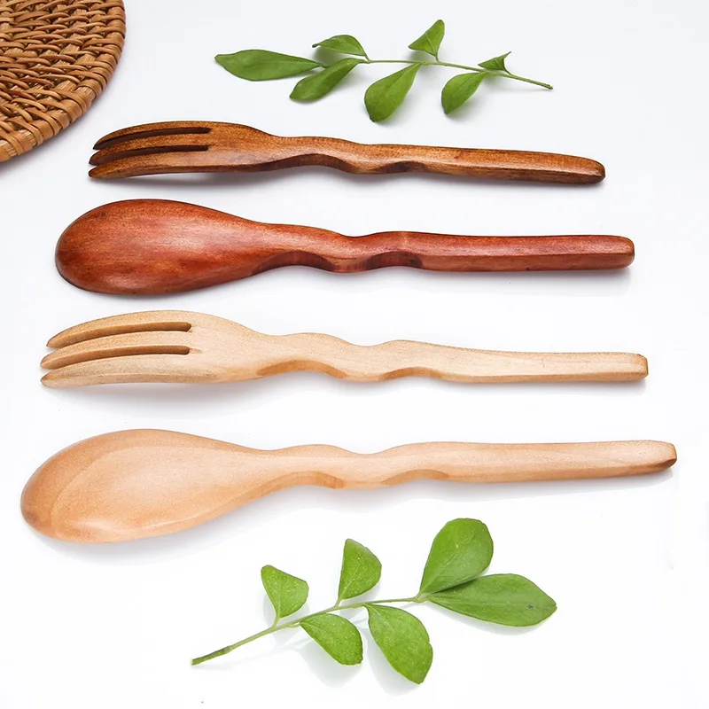 Natural Wooden Spoon Fork Dinner Rice Soups Utensil Handmade Home Tableware Dinnerware Cutlery For Kicthen Restaurant Flatware