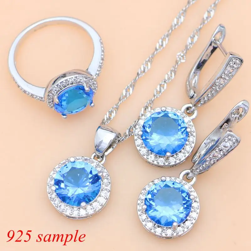 Sky Blue Crystal 925 Sterling Silver Jewelry Sets Decorations For Women Earrings Kits Party Gift For Her Dropshipping