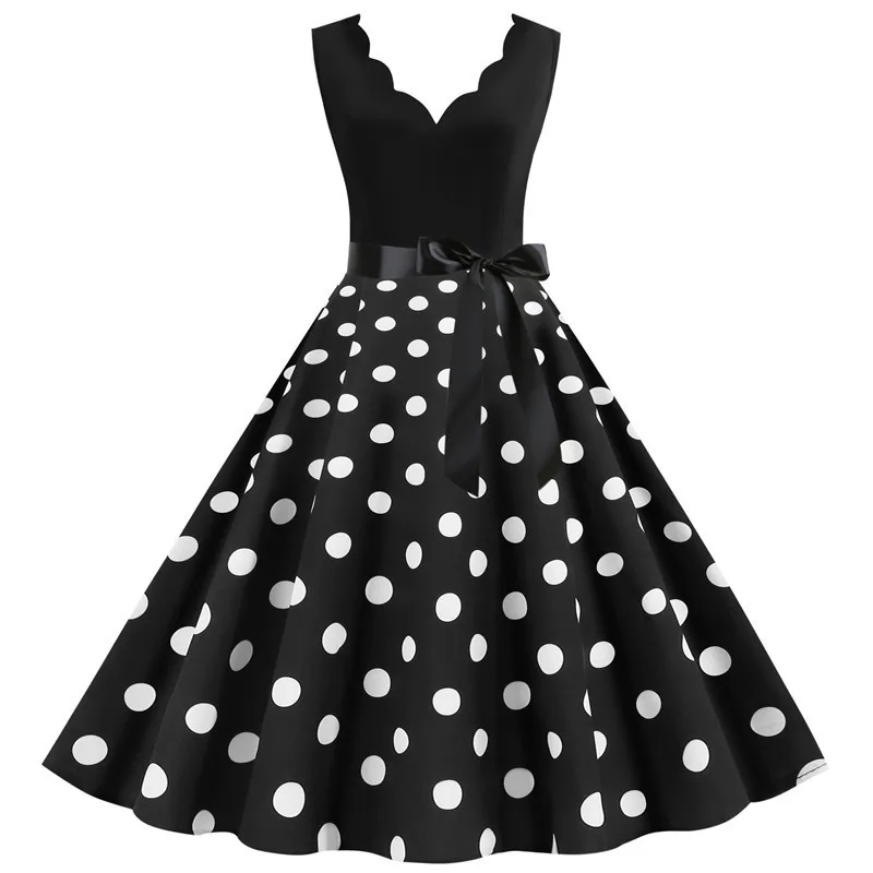 Women Retro Summer Dresses 50s 60s  Sleeveless V-neck Polka Dot Bow Ball Grown Party Sundress Robe Vestidos