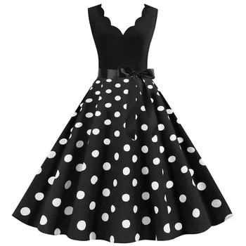 Image Women Retro Summer Dresses 50s 60s  Sleeveless V-neck Polka Dot Bow Ball Grown Party Sundress Robe Vestidos