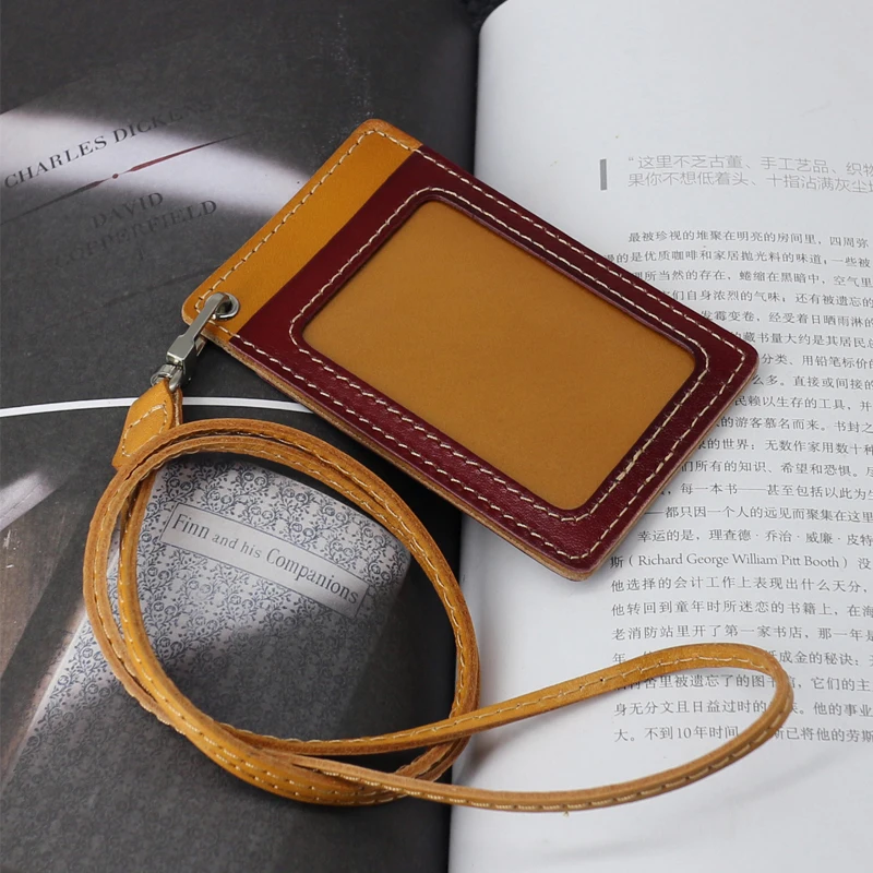 ID Badge For Office Work Vegetable Tanned Leather Luxury Top End Identity Bus Card Bag Neck Wallet Lanyard Tag