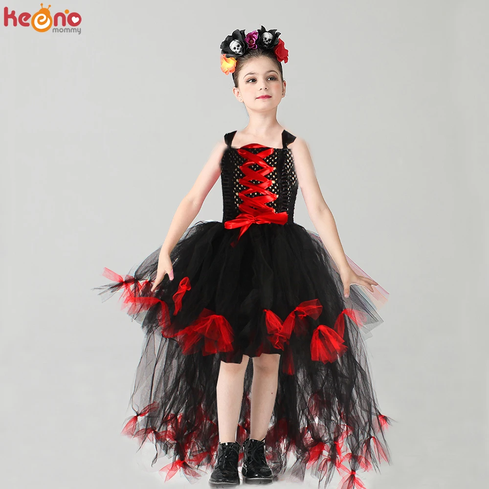 Halloween Day Of The Dead Girls Fancy Tutu Dress with Headband Trailing Kids Sugar Skull Gown Dresses for Carnival Cosplay Party