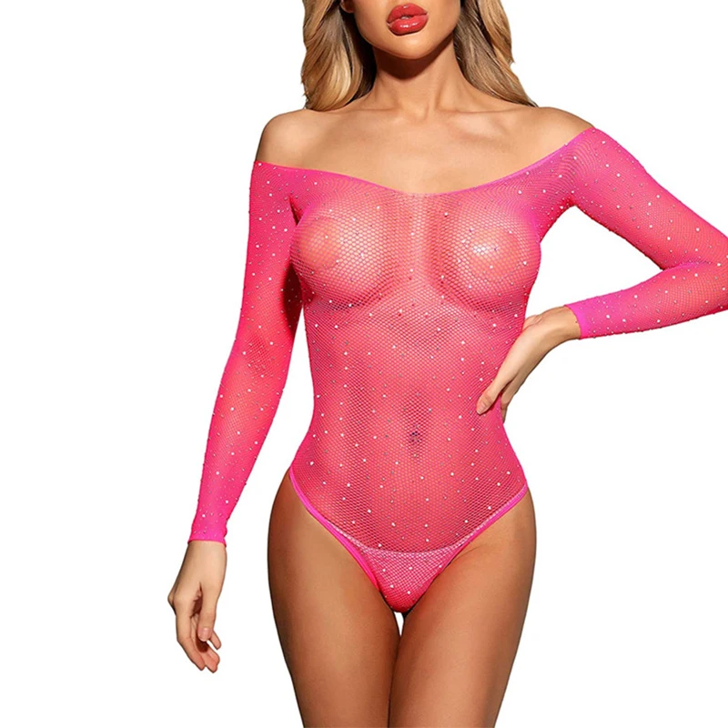 2021 Women Bikini Sexy Fishnet Rhinestone Bodysuit Long Sleeve Swimwear Hollow Out See Through Off Shoulder Sexy Bikini Lingerie