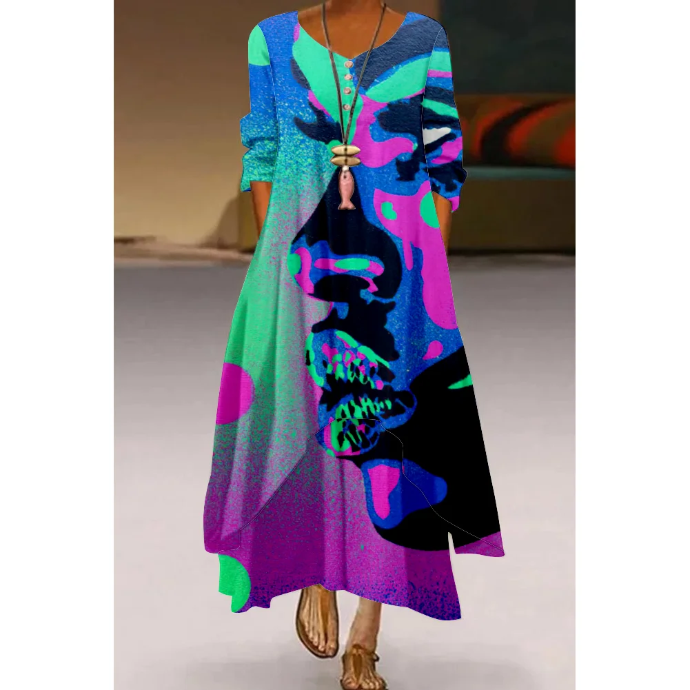 New Vintage Floral Print Art Line Painting Elegant Ladies Dress Beachwear Long Sleeve Dress Fashion Loose V-Neck Holiday Dresses