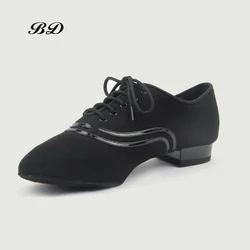 Zapatos de baile superiores, zapatos latinos modernos para hombre, suela de dos puntos de piel de vaca, tela Oxford resistente al desgaste, parte superior auténtica con cordones para salón de baile