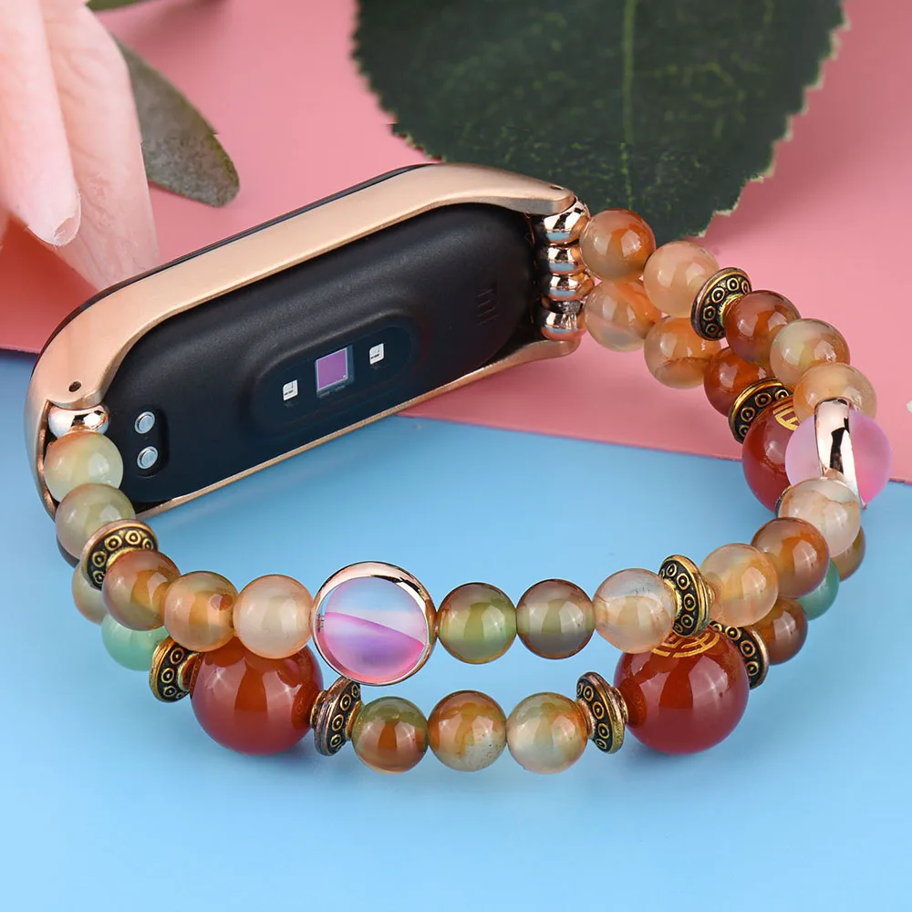 

Luxury Strap for Xiaomi Mi Band 3 4 5 6 7 8 Wrist Band Beaded Replacement MIBAND Bracelet Women Girls Agate Elastic Wristband